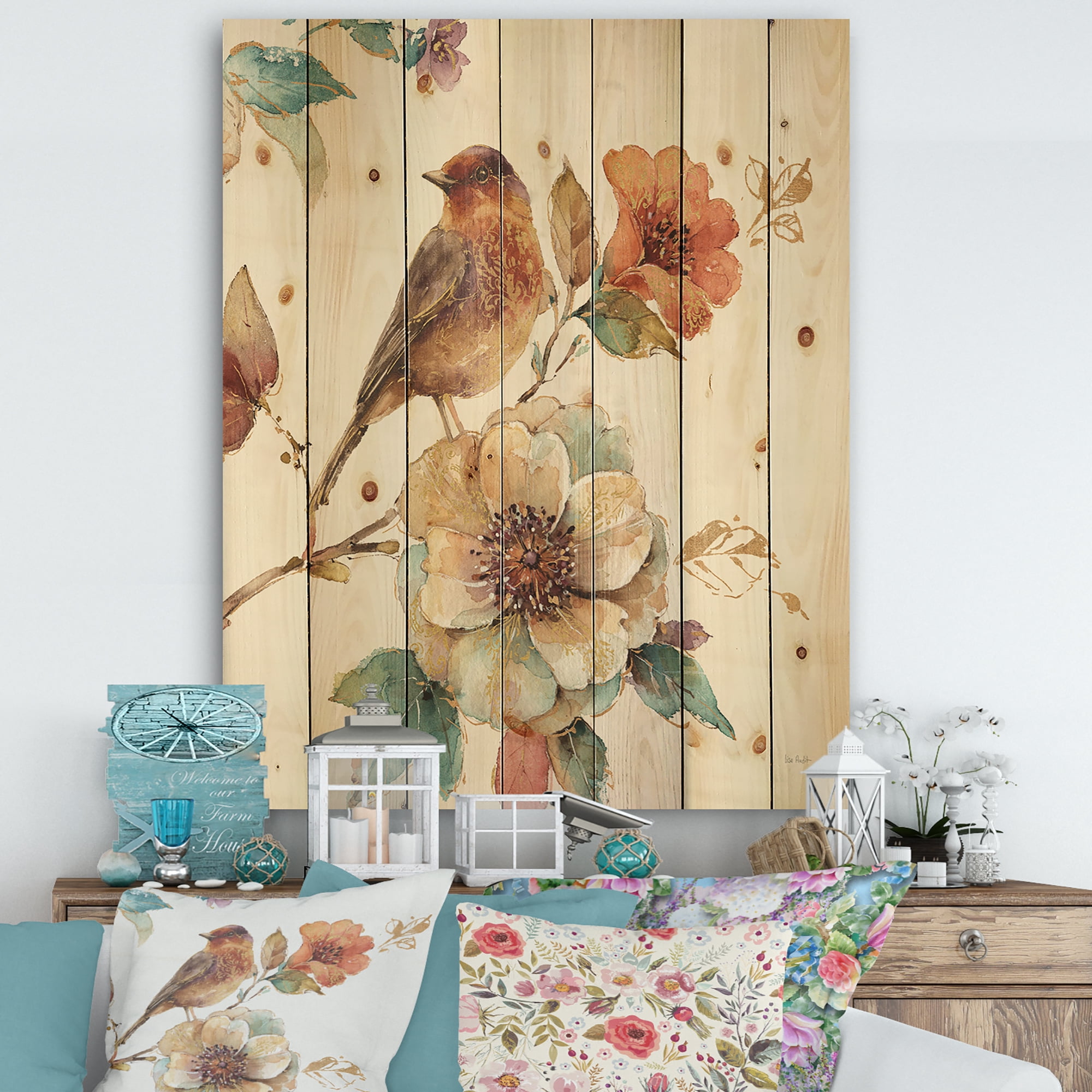 Designart 'Farmhouse Bird Sitting on Flower Branch' Traditional Print on Natural Pine Wood