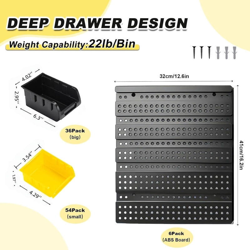 90 Pcs Wall Mounted Storage Bins, Plastic Adjustable Hardware Organizer for Garage, Workshop Wall Storage Rack