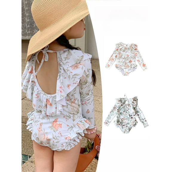LYMAYTER Toddler One Piece Swimwear Ruffle Trim Back Tie Girls Print Long Sleeve for Swimsuits 6M-8Y