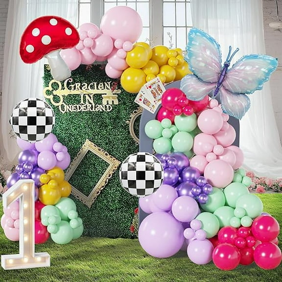 159Pcs Wonderland Balloon Arch Garland Kit with Pink, Yellow, Green, Purple, Butterfly, Mushroom, Checkered Foil Balloons, for Fairy 1st Birthday, Baby Shower, Tea Party, Onederland Birthday