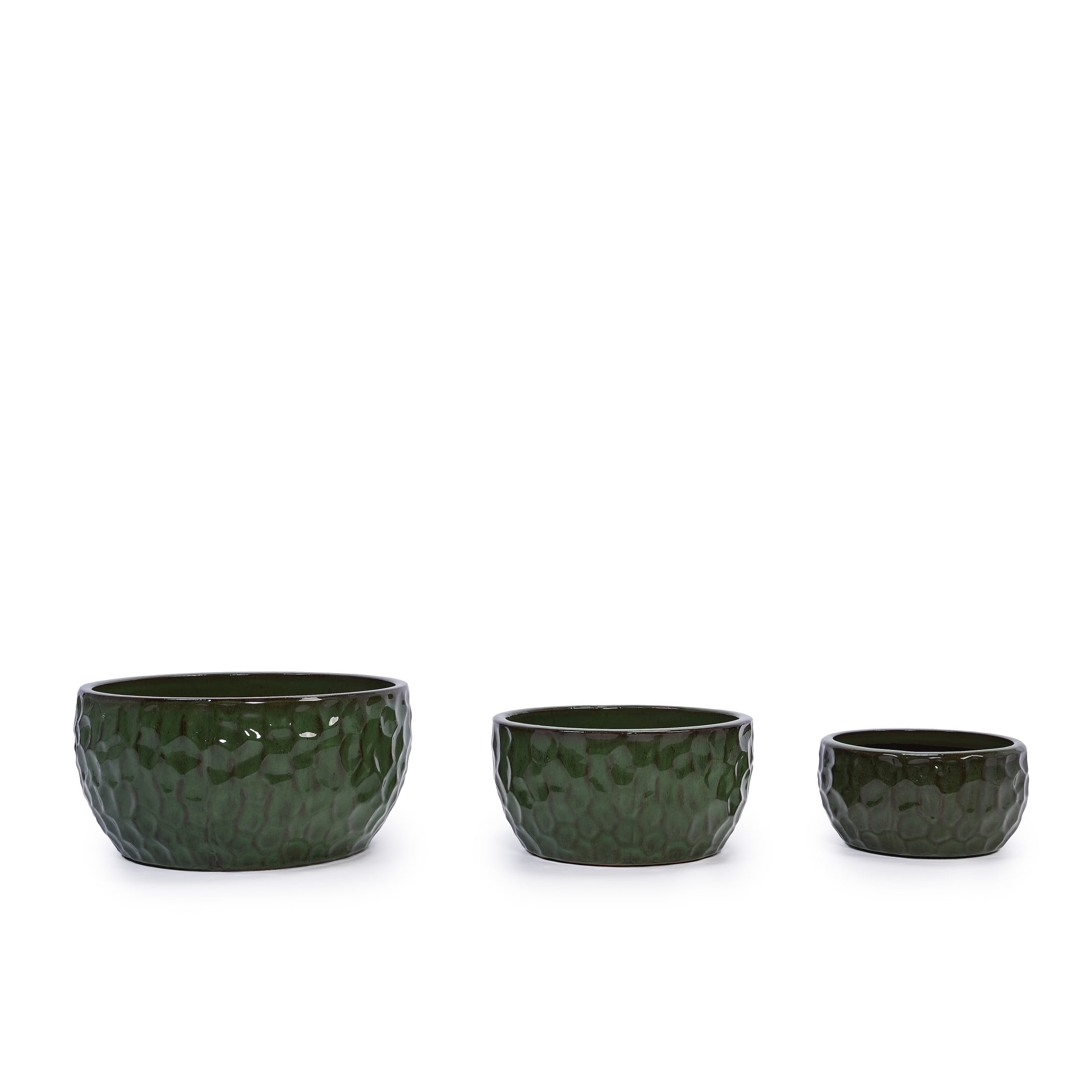 Noble House Jason Ceramic Flowerpot Set, Dimpled Design with Drainage Hole, Indoor/Outdoor Use, Set of 3, Antique Green
