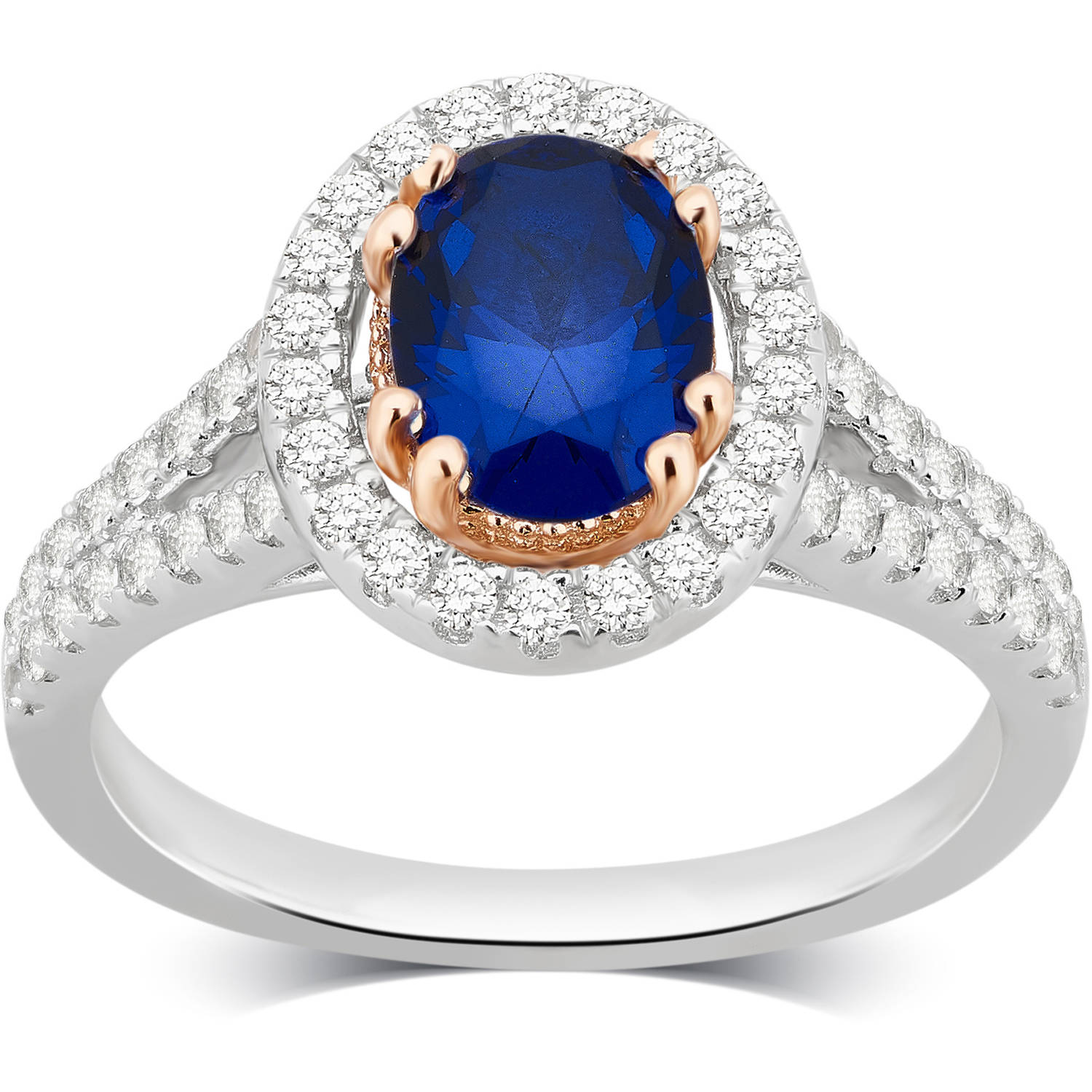 Created Blue and White Sapphire Gemstone Two tone Sterling Silver Split Shank Ring