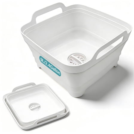 Collapsible Dish Basin, 9L Portable Wash Basin with Drain Plug, Space Saving Foldable Bucket, Kitchen Sink for Camping, Vegetable Washing, RV,White
