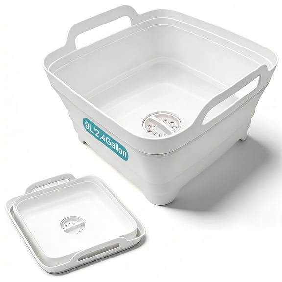 Collapsible Dish Basin, 9L Portable Wash Basin with Drain Plug, Space Saving Foldable Bucket, Kitchen Sink for Camping, Vegetable Washing, RV,White