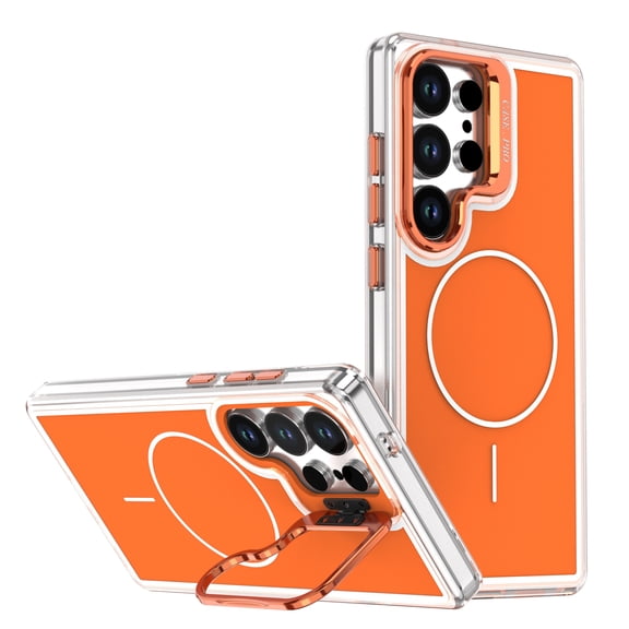 Magnetic Case for Samsung Galaxy S24 Ultra, 360° Full Protection, Diamond Clear Anti-Yellowing Cover with Stand Compatible with Magsafe, Orange