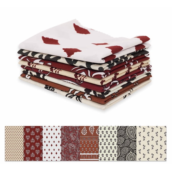 Soimoi 8 Pc Fat Quarter Bundle,Asian BlockPrint 18"x 22"DIY Patchwork-100% CottonPre-Cut Quilting Fabric Maroon White Black
