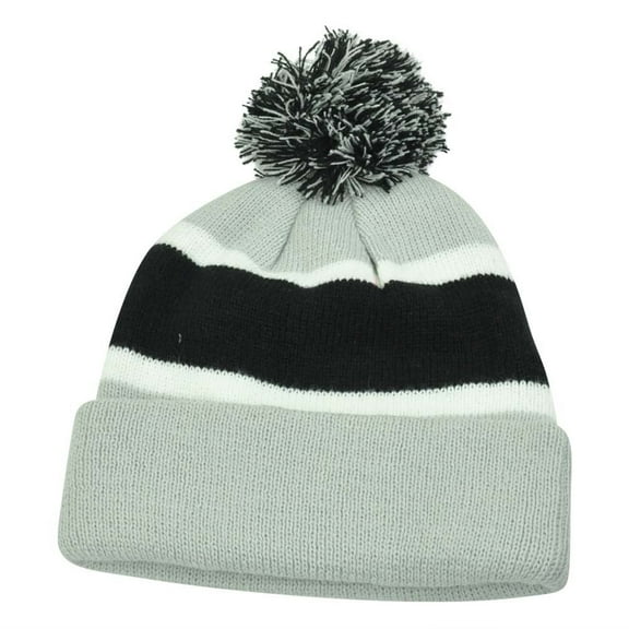 Plain Blank Striped Cuffed Thick Beanie Pom Pom Knit Skully Grey Black Hat Toque