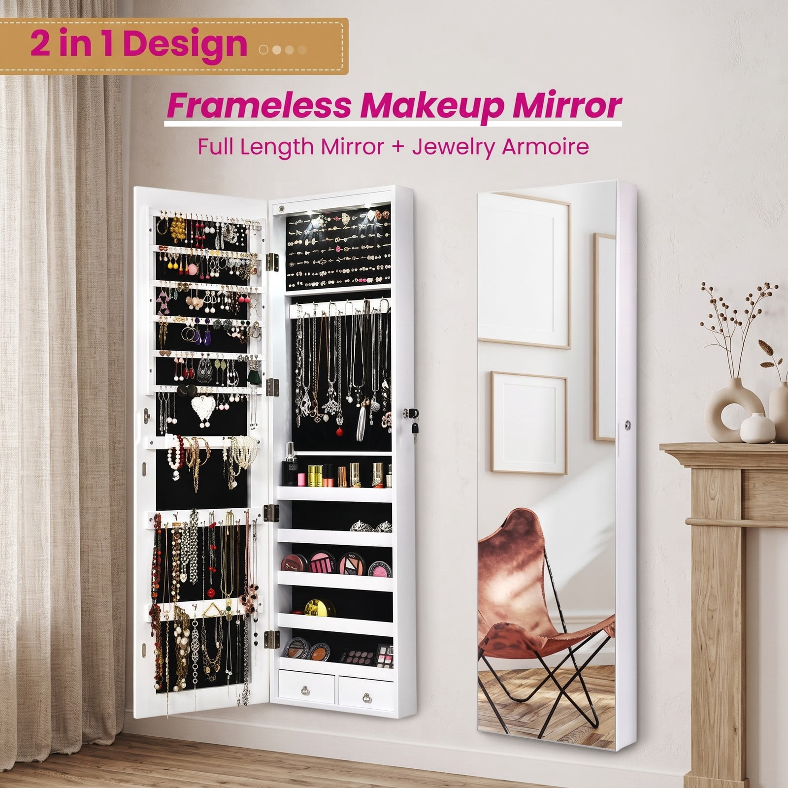 Furnibear Lockable Wall and Door Mounted Jewelry Cabinet with Full-Length Mirror and LED Lights for Bedroom Ring and Necklace Storage, White