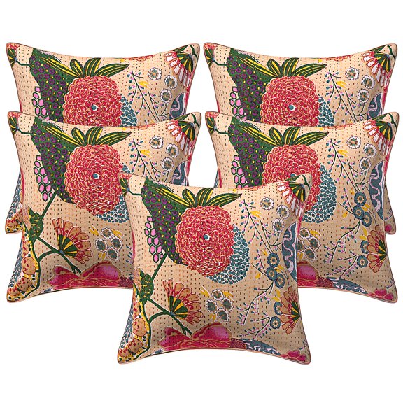 Stylo Culture Ethnic Decorative Throw Pillow Covers 16 x 16 Kantha Embroidered Beige Traditional 40cm x 40cm Home Decor Cotton Tropicana Square Cushion Covers | Set Of 5