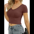 thumbnail image 2 of Camiseta Informal de Verano de Corta con Cuello en V para Mujer, de Punto Acanalado y Corte Ajustado. Marrón L, 2 of 6