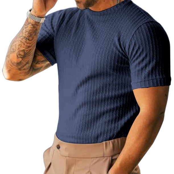 Tops para hombre, blusas y camisas de manga corta con cuello redondo para hombre, camiseta de punto acanalada para hombre, camisa informal de manga corta con cuello redondo y textura ajustada, blusa p