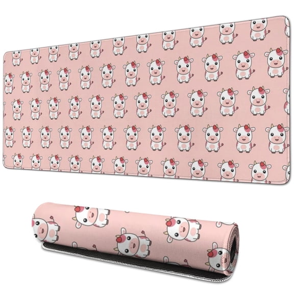 Long Mouse Pads for Desk,Pink Cow Flower Pattern Desk Mats on Top Of Desks, Desk Mouse Pad Extra Large with 3mm Non-Slip Base and Stitched Edge for Gaming,Office,Work,Home 31.5"x11.8"