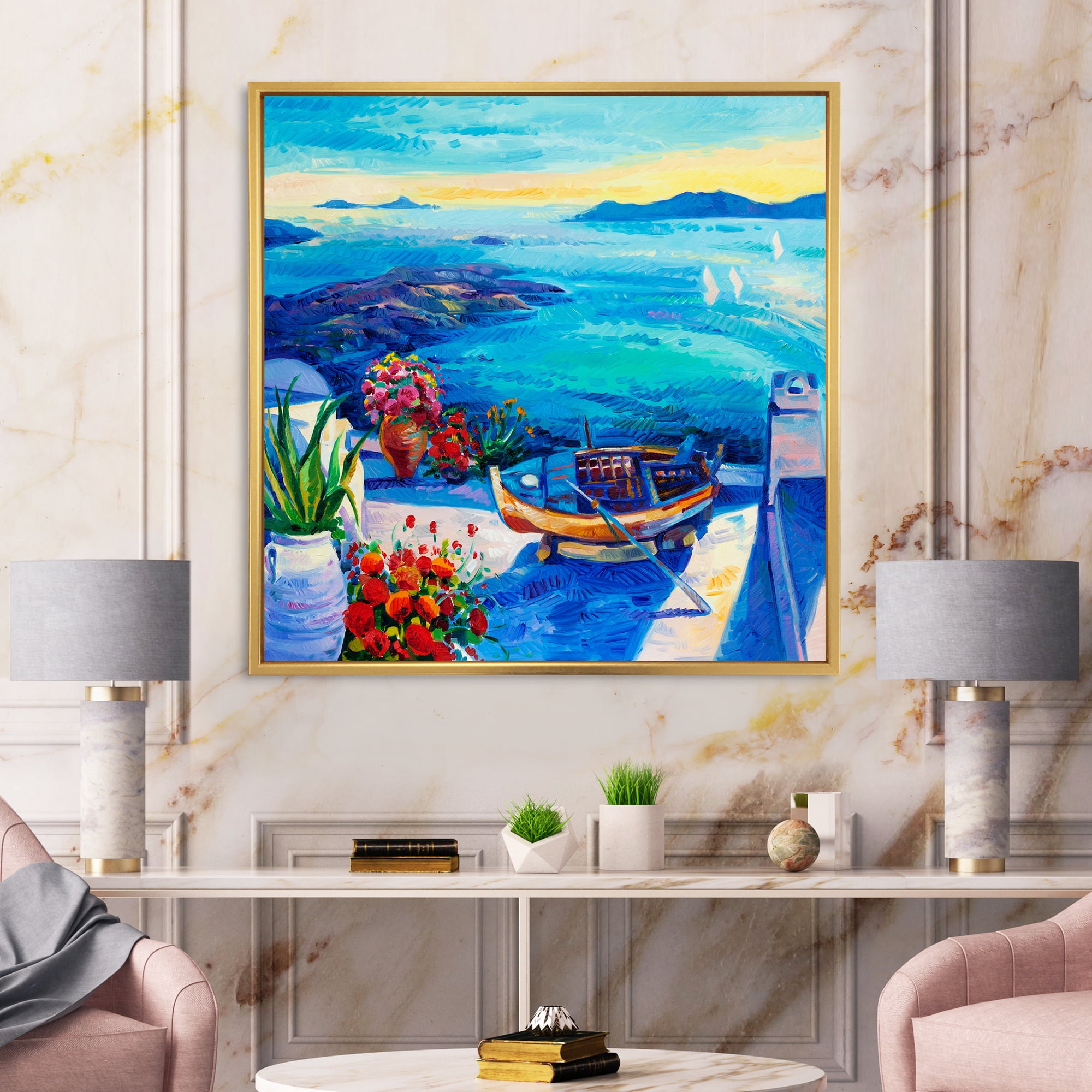 Little Red Flowers With Sea View 16 in x 16 in Framed Painting Canvas Art Print, by Designart
