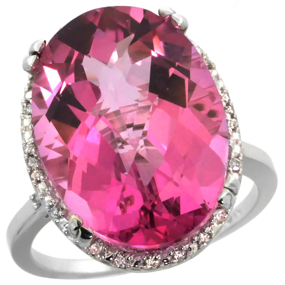 14K White Gold Natural Pink Topaz Ring Large Oval 18x13mm Diamond Halo, size 5 by Gabriella Gold