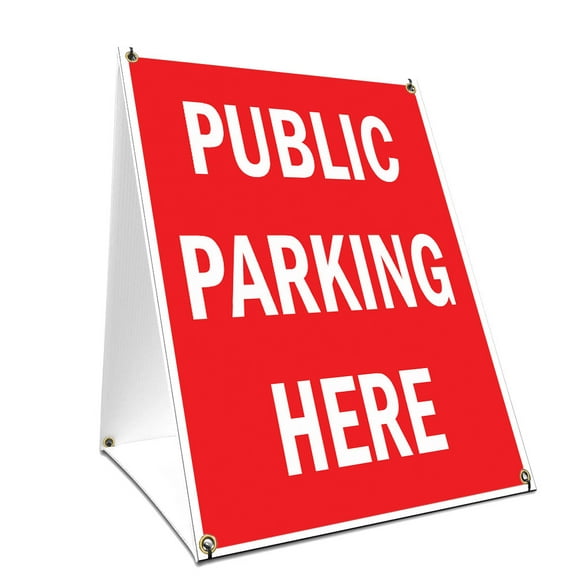 A-frame Sidewalk Public Parking Here Sign With Graphics On Each Side | 18" X 24" Print Size