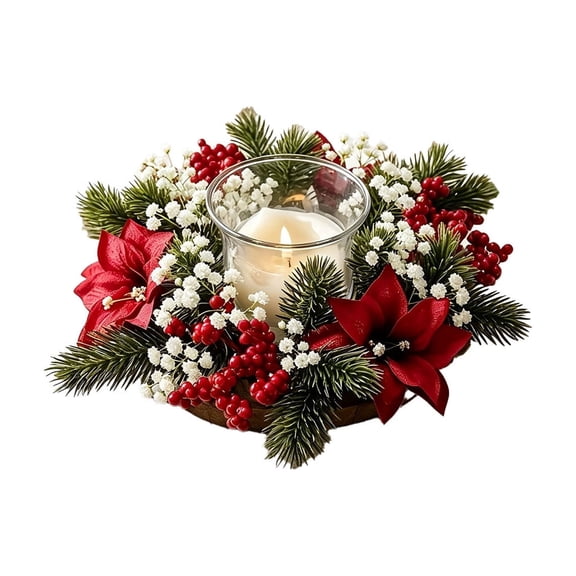 Artificial Christmas Candle Ring Wreath, Table Centerpiece With Red Berries Poinsettia & Pine Branches, Festive Winter Candle Holder Garland for Dining Table Mantel Holiday Home Decoration