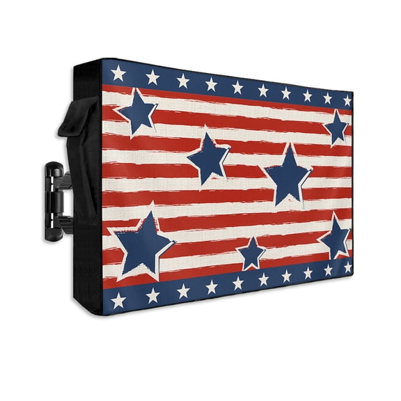 Outdoor TV Cover 30 to 32 Inch Weatherproof, Independence Day Patriotic Red Striped Blue Star 600D Oxford TV Covers with Waterproof Zipper, Outside Flat TV Screen Protector 30"Wx19"Hx4.5"D