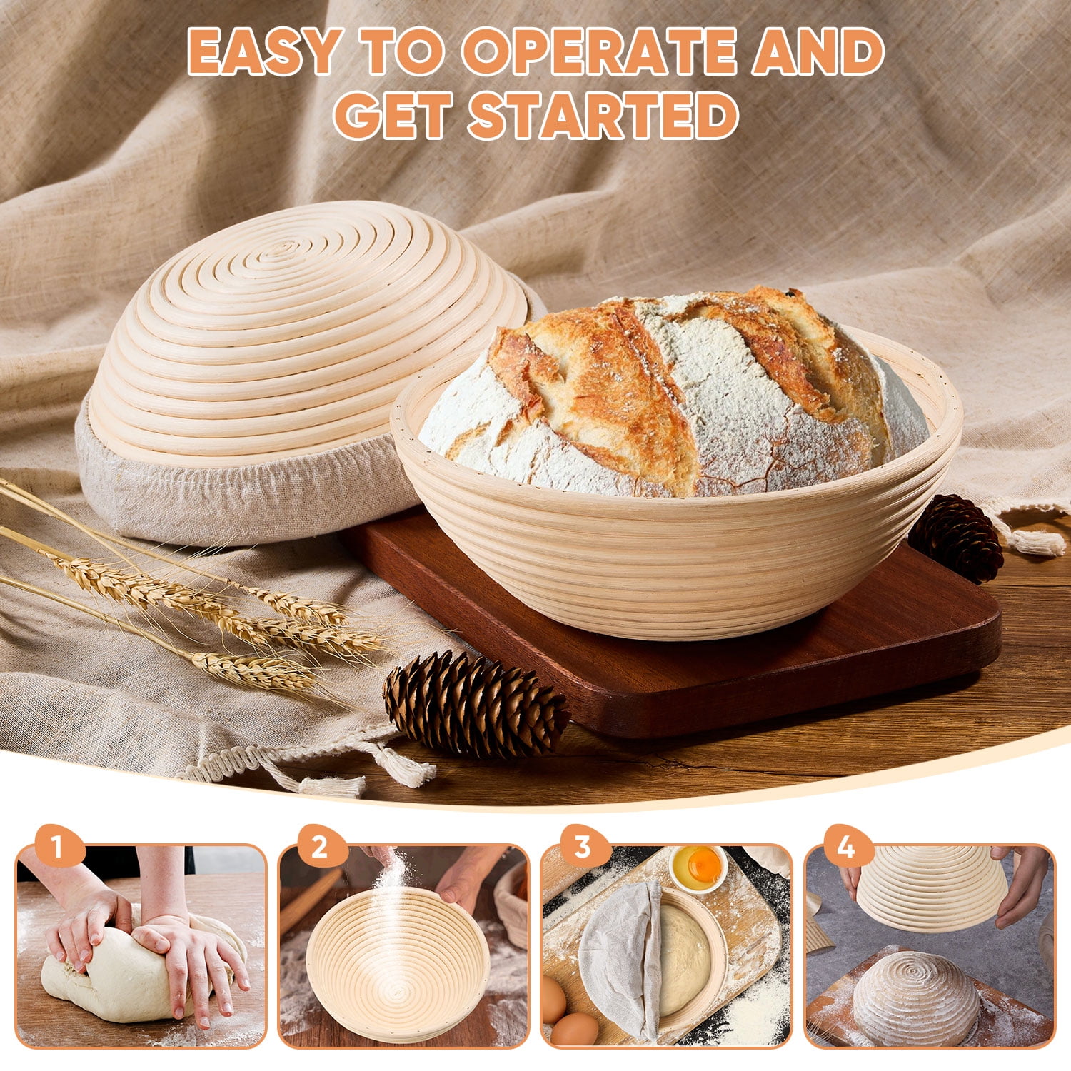Walchoice Sourdough Bread Proofing Basket Set of 2, 9 Inch Round Dough Proofing Bowls, Sourdough Bread Baking Supplies for Bakers, Handmade Rattan Baskets with Liners