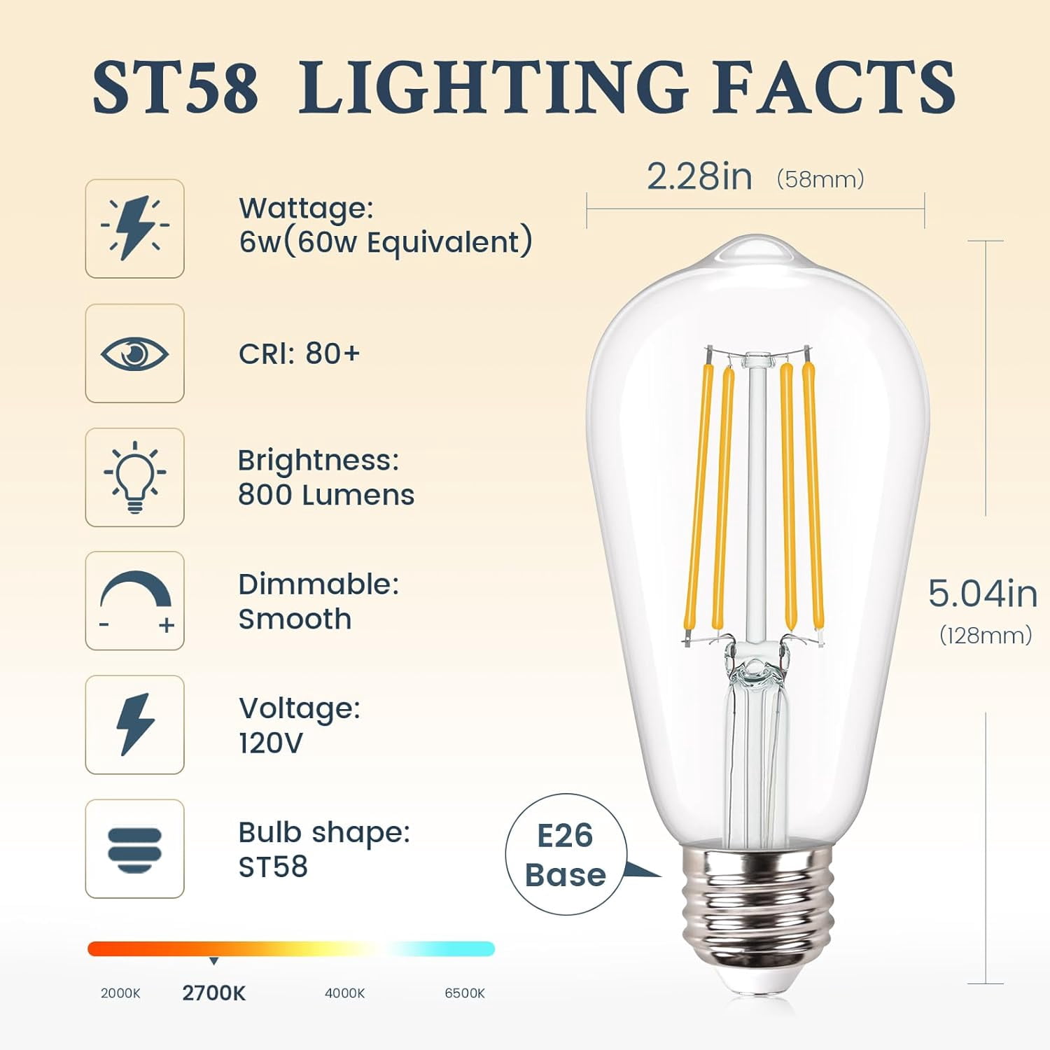 Vintage LED Edison Bulbs, Dimmable 60W Equivalent 800 lumens, 6W Warm White 2700K, 80+ CRI, ST58 Antique LED Filament Bulbs, E26 Medium Base, Clear Glass, Pack of 12