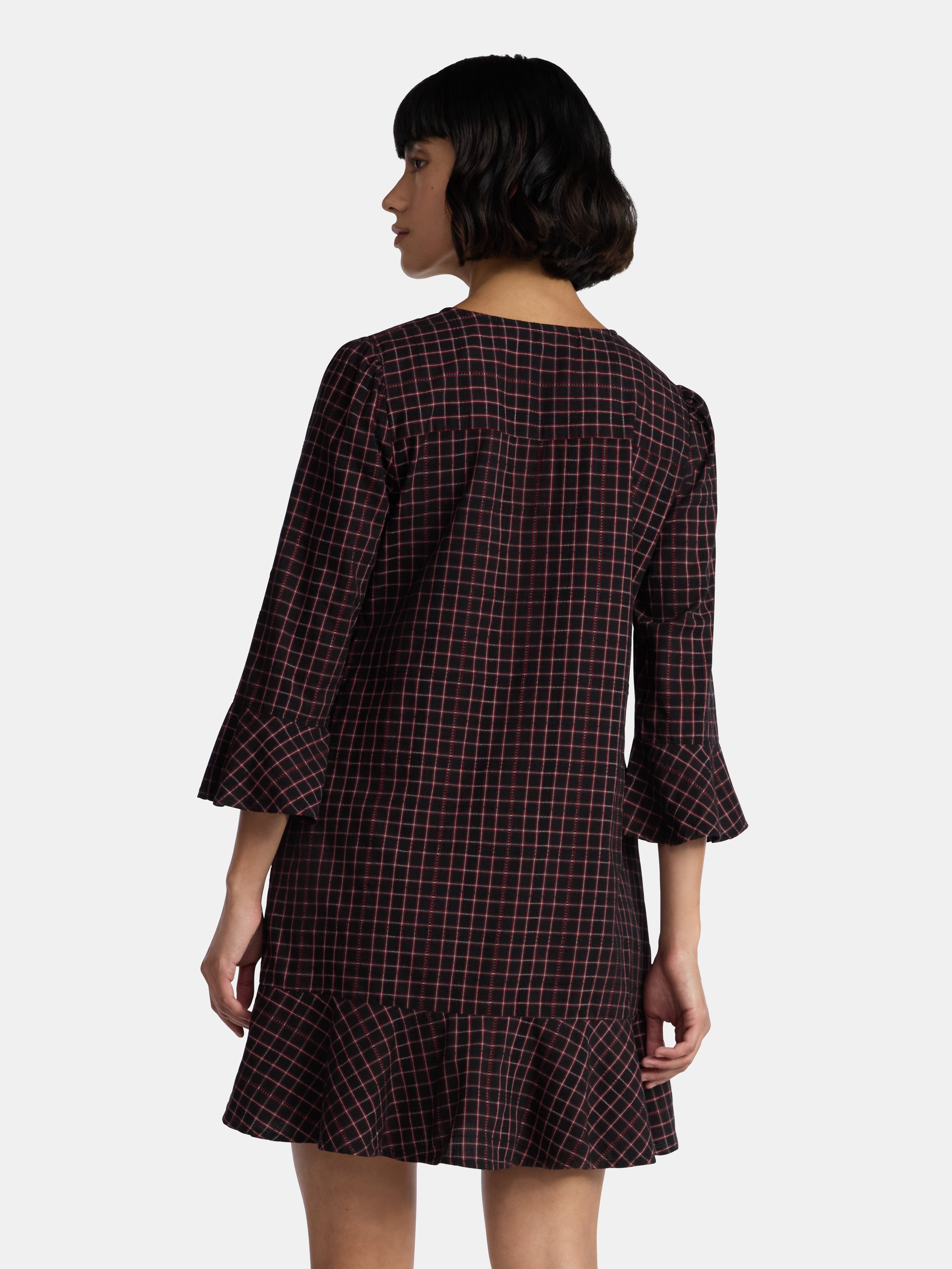 Time and Tru Women's Plaid Tie Front Mini Dress, Sizes XS-XXXL