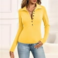 thumbnail image 2 of WTOBBY Women's Casual Solid Color V Neck Button Down Collar Long Sleeve Polo Shirt, Classic Preppy Style Top, Comfortable Stretch Blouse,Yellow L, 2 of 6