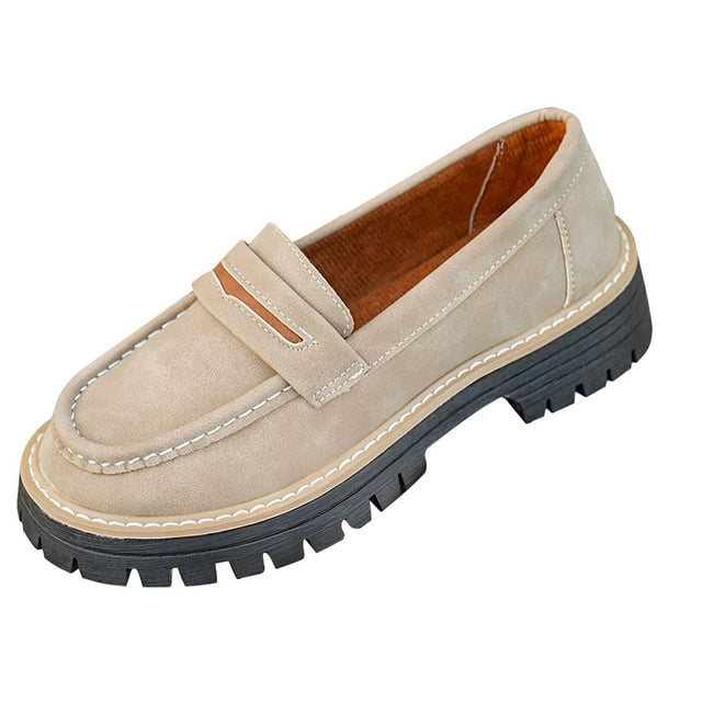 Women's Mid Heel Loafers Fashionable Frosted Round Toe Thick Sole Shoes