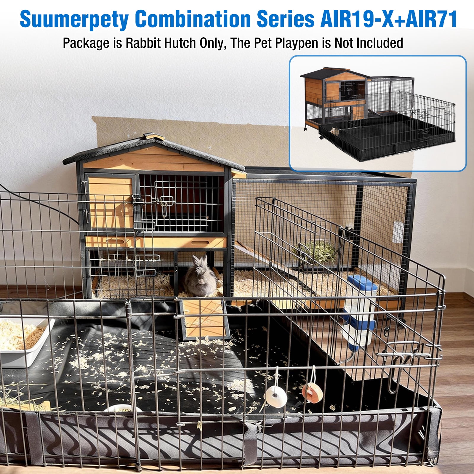 Suumerpety Rabbit Hutch on Wheels Indoor Rabbit Cage Outdoor Bunny Hutch with 3 Plastic Trays & Anti-Chew Ramp Metal Frame Guinea Pig Cage Natural