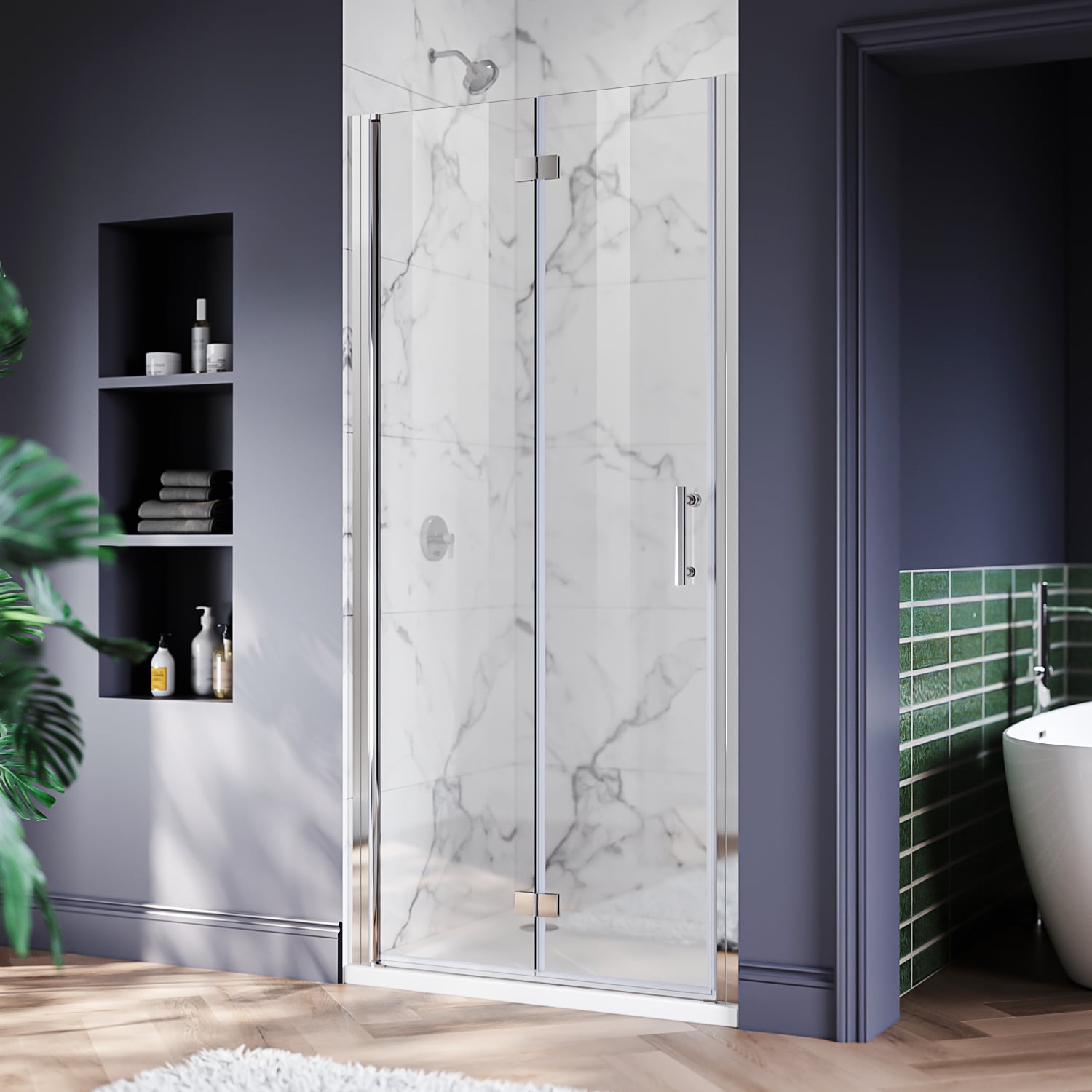 Sunny Shower 32 in.W x 72 in.H Bi-Fold Pivot Glass Frameless Shower Door in Chrome Finish with 1/4 inch Clear Glass
