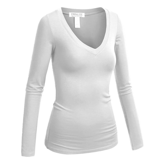 Emmalise Women's Casual Basic V-Neck Tshirt Long Sleeves Tee Top - White, M