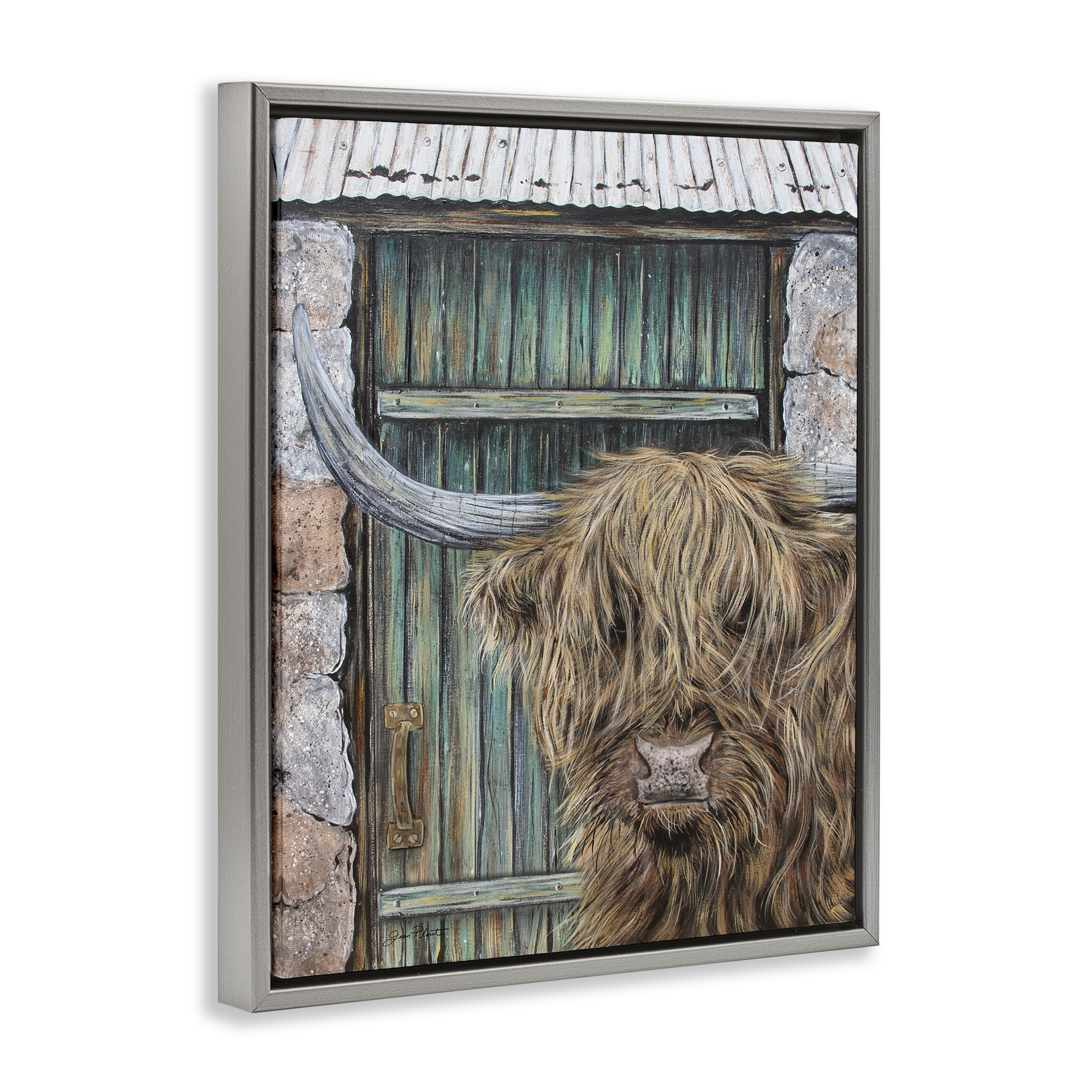 Highland Cow by Barn Door Gray Framed Floater Canvas Wall Art, design by Jean Plout
