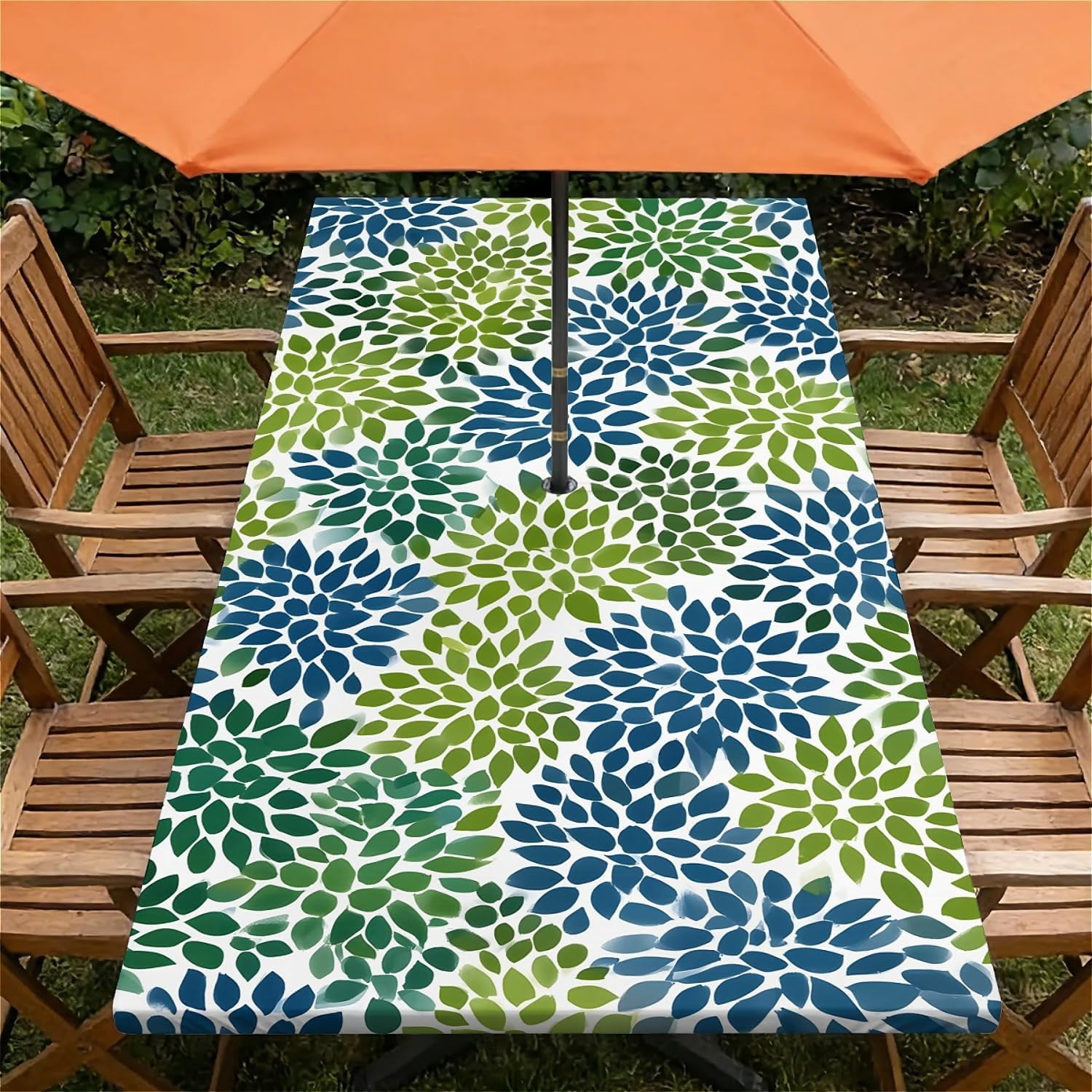 Rectangle Outdoor Tablecloth with Umbrella Hole and Zipper Waterproof Rectangle Fitted Tablecloth with Elastic Edge, Wipeable Outdoor Table Cover for Patio, Garden, Picnic
