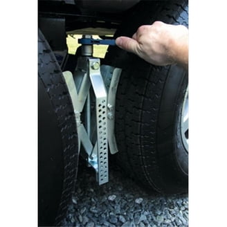 Camco Eaz-Lift 10-Inch Metal Wheel Stops For RVs - 2-Pack With Wrench & Lock, Zinc-Plated, Fits 3-10" Spacing