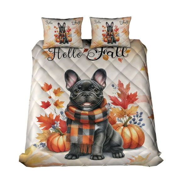Hello Fall French Bulldog Scarf Welcome Autumn with Leaves Pumpkins Quilt Bedding Set Dog Lover Gifts 1 Blanket Bed Cover 2 Pillowcases - 00011