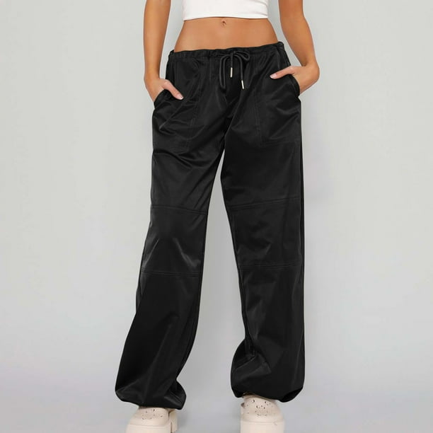 Elastic Waist Wide Leg Cargo Pants - Black / XS