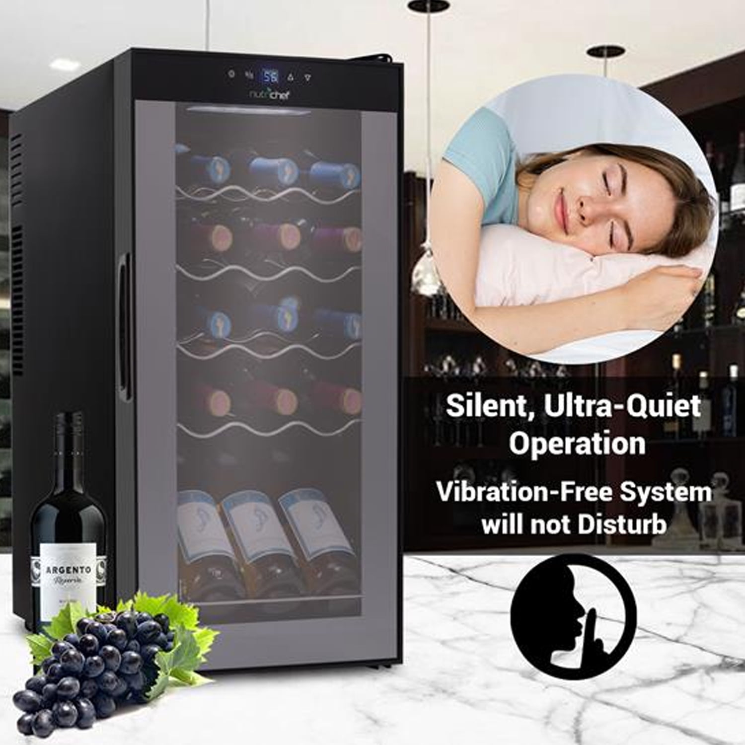 NutriChef PKCWC150 - Wine Chilling Refrigerator Cellar - Touch Button Control with Air Tight Seal, Contains Placement for Standing Bottles (15 Bottle Storage Capacity)