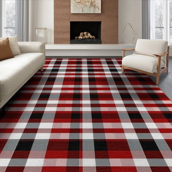 ODIKA 8'x10' Washable Area Rug Plaid Gingham Checkered Tartan Border Striped Front Layering for King Size Bedroom Under Bed, Master Suite, Non-Shedding, Easy Care