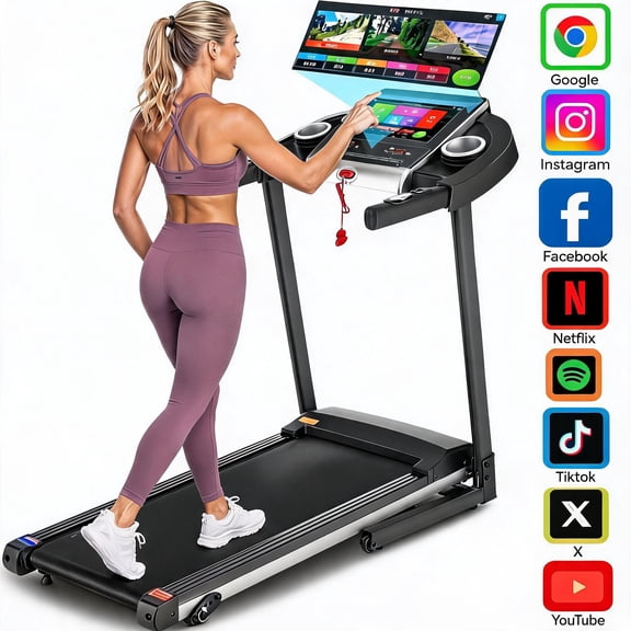 Simpfree Treadmill with 10" HD TV Movie Touchscreen and 3D Virtual Sports Scene, 0.5-9.0 mph/h & 3.5HP Electric Treadmill with Incline for Home(Black)