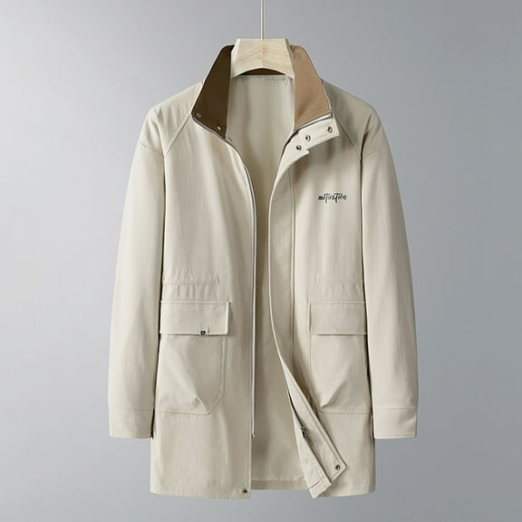 Xuniizn Rain Jacket Men, Big Tall Mid Length Stand Collar Solid Color Winter Shirt Jackets with Pockets, Soft Cozy Trendy Casual Thermal Coats, L-5XL