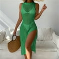 thumbnail image 4 of Xuhomer Summer Cover Ups for Women Knitted Hollow Short Sleeve High Neck Crochet Split Beach Cover Up Bikini Swimsuits Bathing Suits Sunscreen Cover Swimsuit Cover-up Dress Green Free Size, 4 of 7