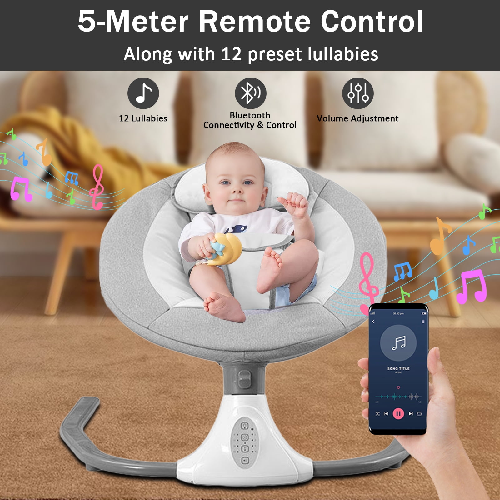 Electric Baby Swing for Infants - Bluetooth Music Speaker with 12 Lullabies and 4 Speeds, Remote Control, Gray