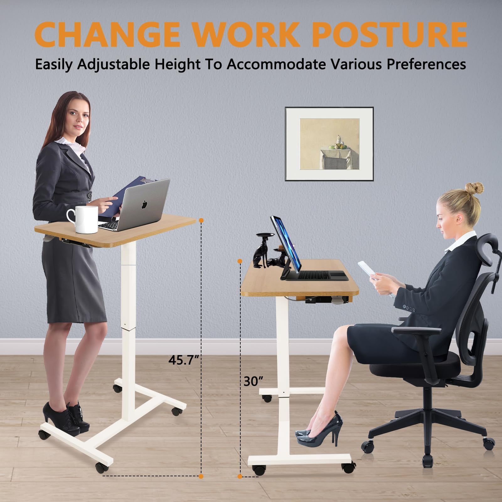 CLATINA Mobile Laptop Standing Desk, Height Adjustable Teacher Podium with Lockable Wheels, Adjustable Work Table with Drawer, Computer Cart Overbed Table for Home Office Classroom, Beige