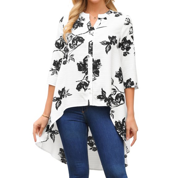 DARING DIVA Women's High Low Floral 3/4 Sleeve V Neck Asymmetrical Blouse S White