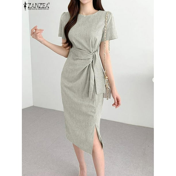 ZANZEA Short Sleeve Elegant Vestidos Lace-Up Sexy Women's Dress Summer O-Neck Fashion Sundress Solid Color Split Party Robe 2023XXL Gao Jinjia LED