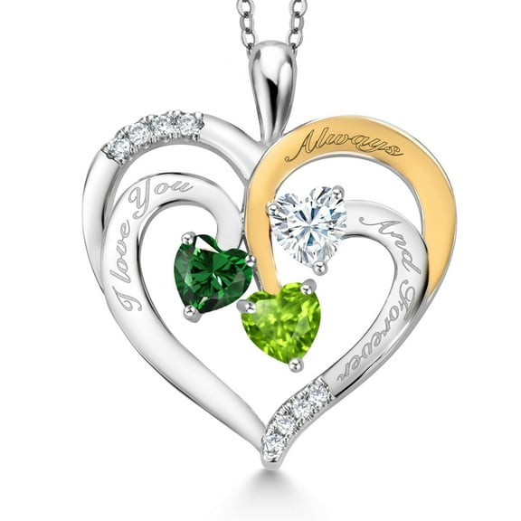 Gem Stone King Two Tone Green Nano Emerald White Moissanite Green Peridot `I love you always and forever` Engraved Pendant Necklace for Women (1.42 cttw, Heart Shape 5MM, 18 inch Chain)