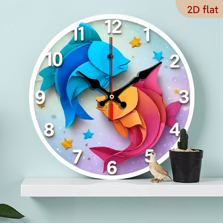 10-inch 2D flat Blue and Red Pisces theme wooden circular silent wall clock, suitable for modern home art decoration, wall decoration, it is an ideal gift for festivals and birthdays