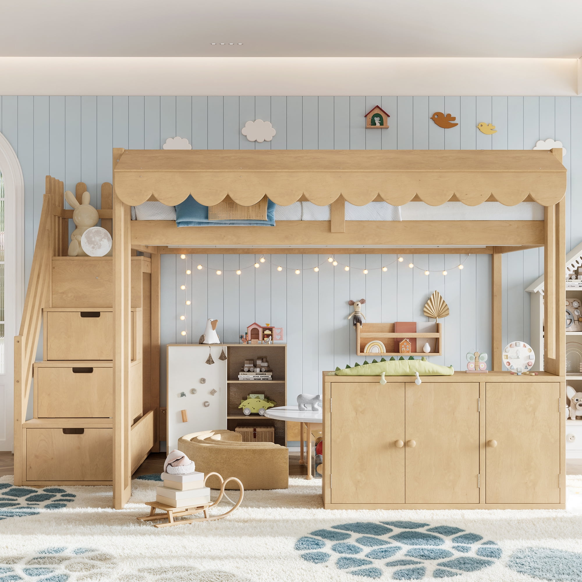 Leumius Full over Full Size Playhouse Loft Bed with Storage Stairs, Solid Wood Loft Bed with Pretend Convenience Store Counter, Convertible Underbed Space for Sleep or Play Natural