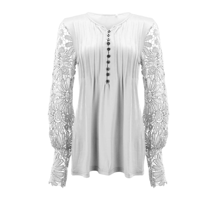 Kcodviy Women's Spring and Autumn Plus Size Workout Tops for Women Lace Sleeves Pressed Tunic Tops for Women Pleated Button Base Shirt Tunic Tops for Women Plus Size Top