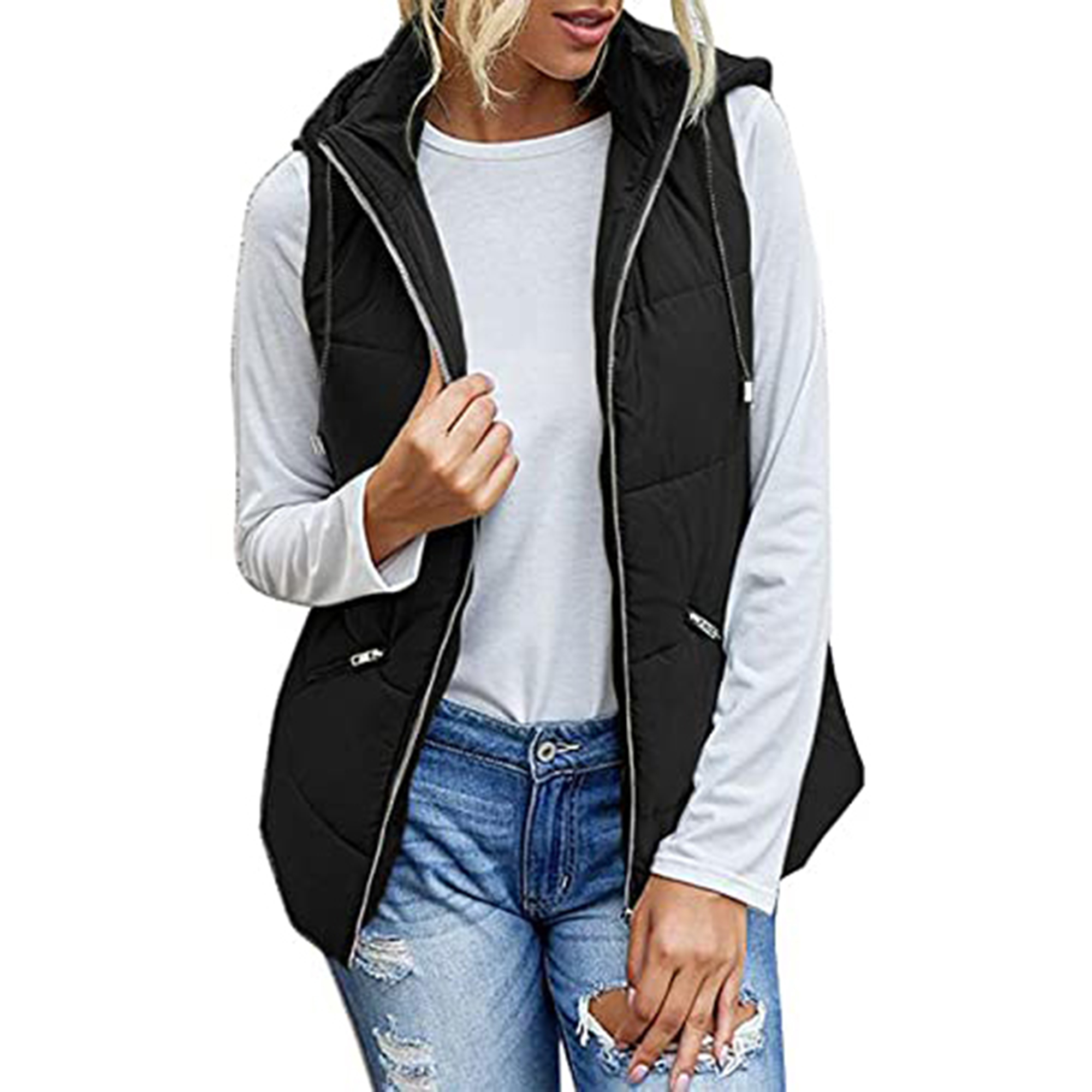 Gemijacka Women's Lightweight Zip Up Hooded Vest Sleeveless Quilted