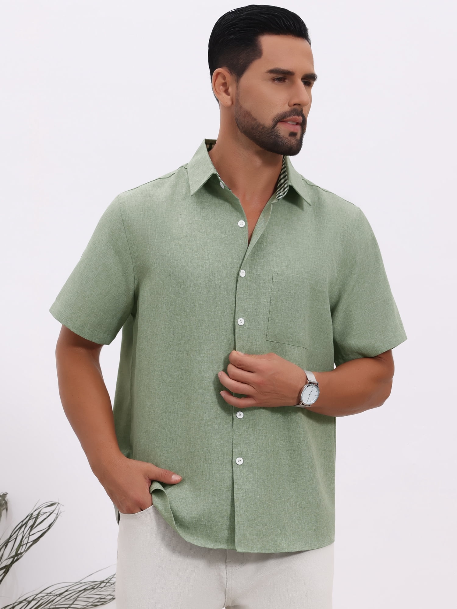 DARING DIVA Men's Plain Linen Short Sleeve Contrast Color Collar Shirts S Light Green