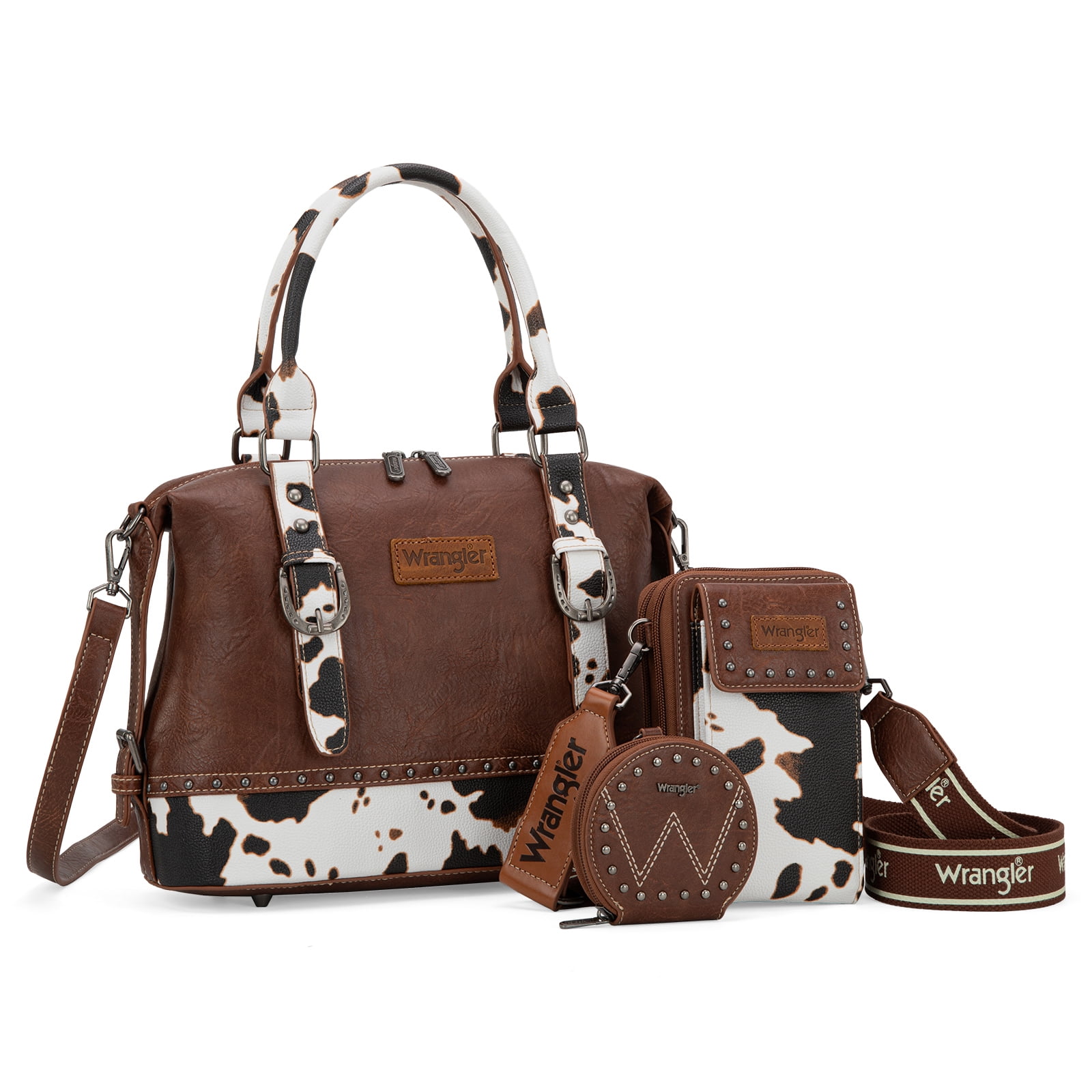 Wrangler 3Pcs Doctor Bag Sets for Women Top-Handle Satchel Bag with Cell Phone Handbags & Coin Purse, Cow Print-Brown